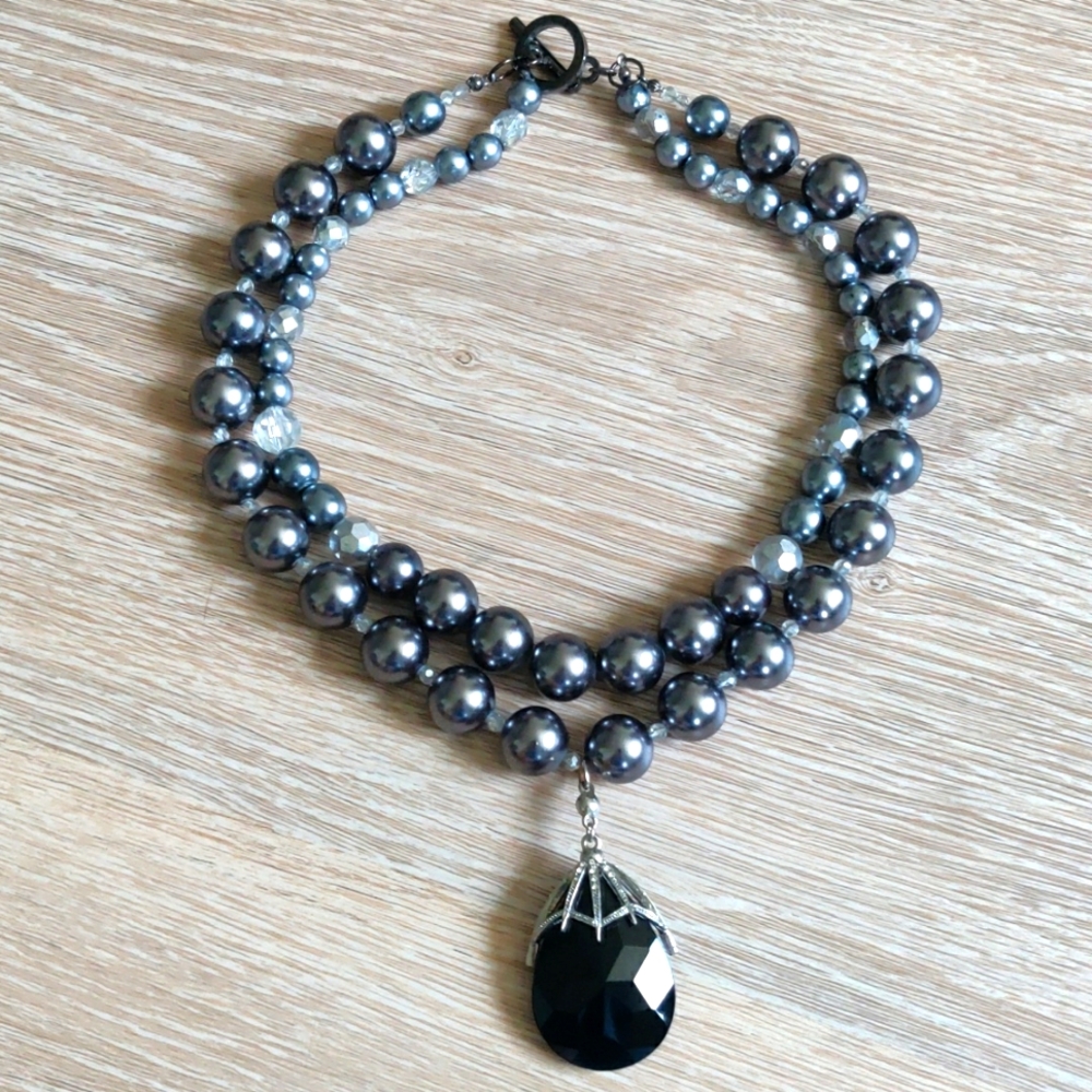 Gothic Grey and Black Faux Pearl Double Strand Pendant Necklace